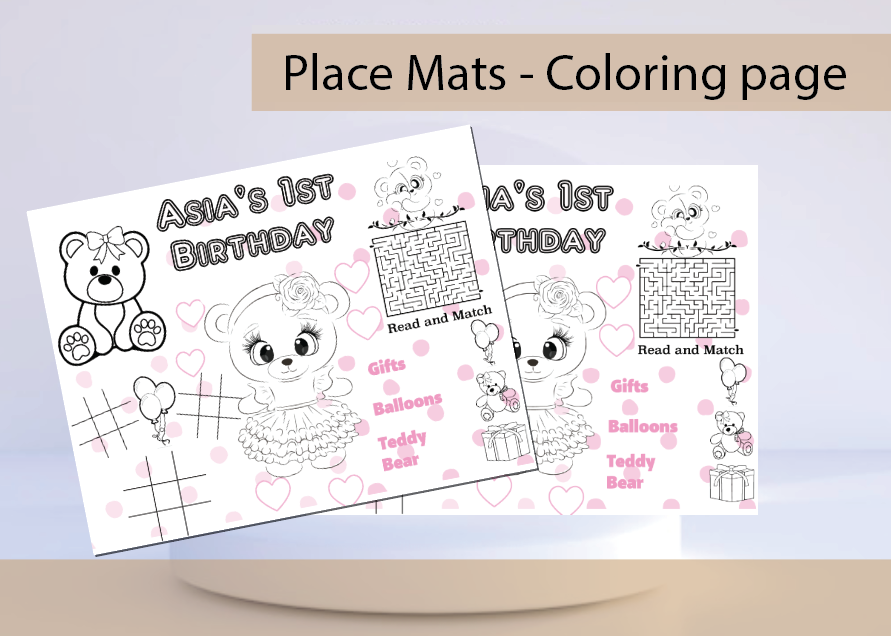Teddy Bear- Place mat ( pink) - Coloring page