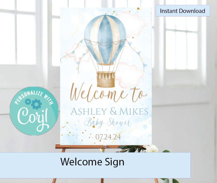 Hot air balloon welcome sign-blue- INSTANT DOWNLOAD