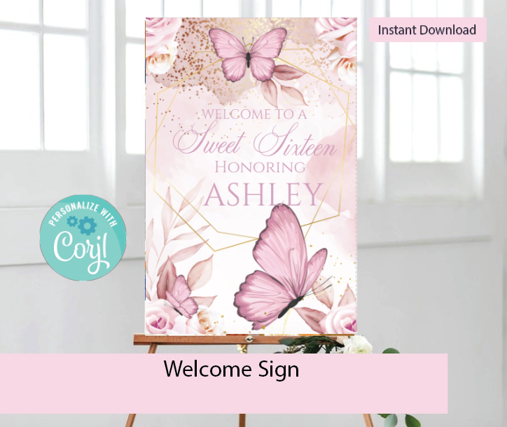 Butterfly - Blush/Rose- Welcome sign- - INSTANT DOWNLOAD