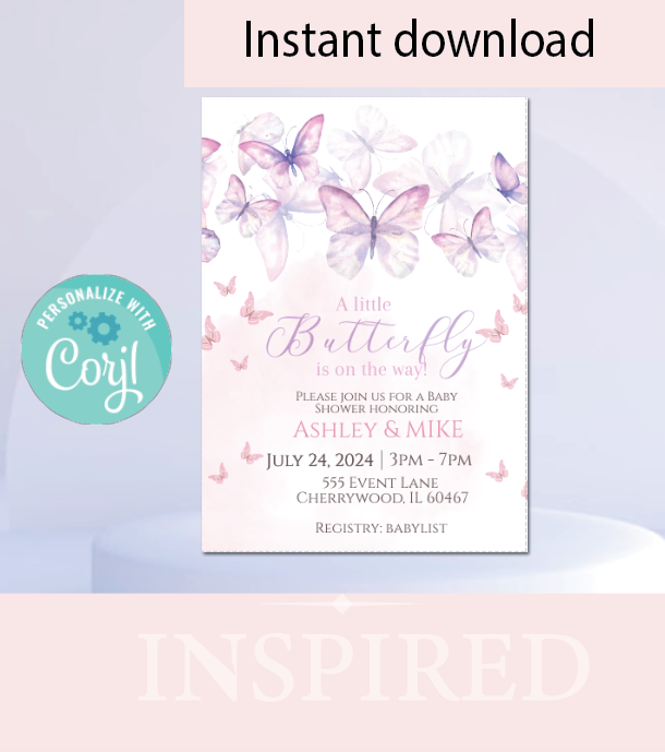 Butterfly- - Purple Fade- Invitation- - INSTANT DOWNLOAD