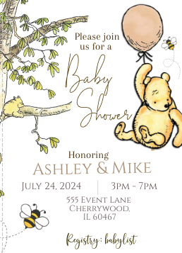 Winnie the Pooh - Invitation- White - with balloon- - INSTANT DOWNLOAD