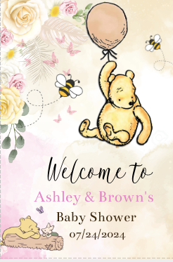 Winnie the Pooh - Welcome Sign -with balloon -Pink- - INSTANT DOWNLOAD