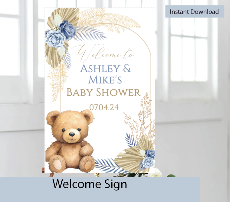 Boho teddy bear Welcome sign - dusty blue - Digital Download - Instant download