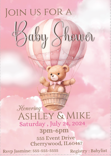 Hot air balloon with bear - Invitation- pink- INSTANT DOWNLOAD