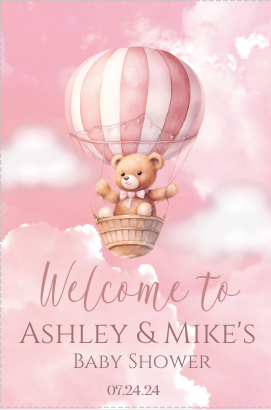 Hot air balloon with bear - Welcome- pink- INSTANT DOWNLOAD
