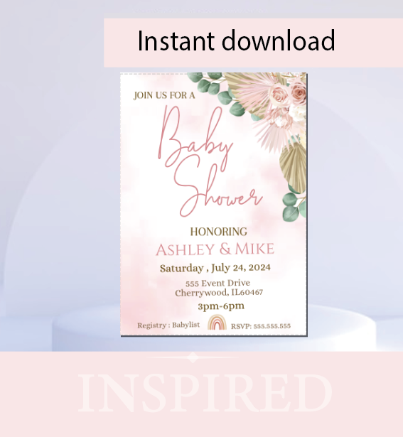 Boho Invitation- Invitation- Pink - Sitting- - INSTANT DOWNLOAD