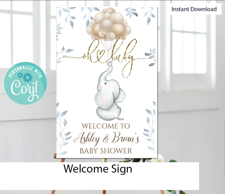 Elephant with balloon - Welcome sign - white - INSTANT DOWNLOAD