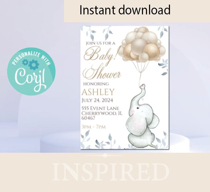 Elephant with balloon - Invitation - white - INSTANT DOWNLOAD