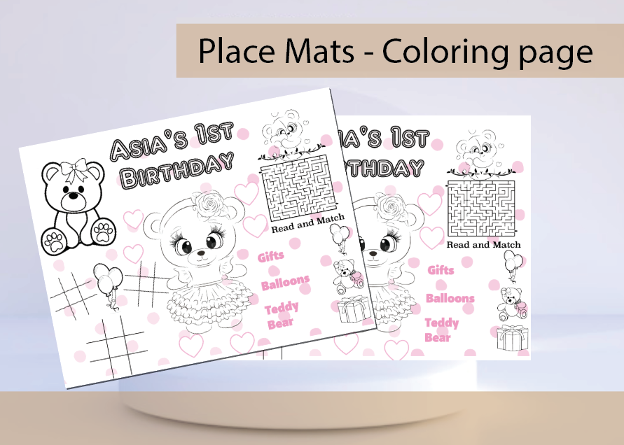 Teddy Bear-  Place mat ( pink) - Coloring page