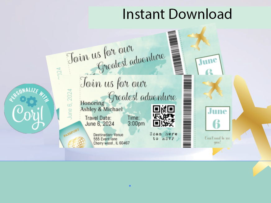 Airplane Ticket invitation-teal- INSTANT DOWNLOAD