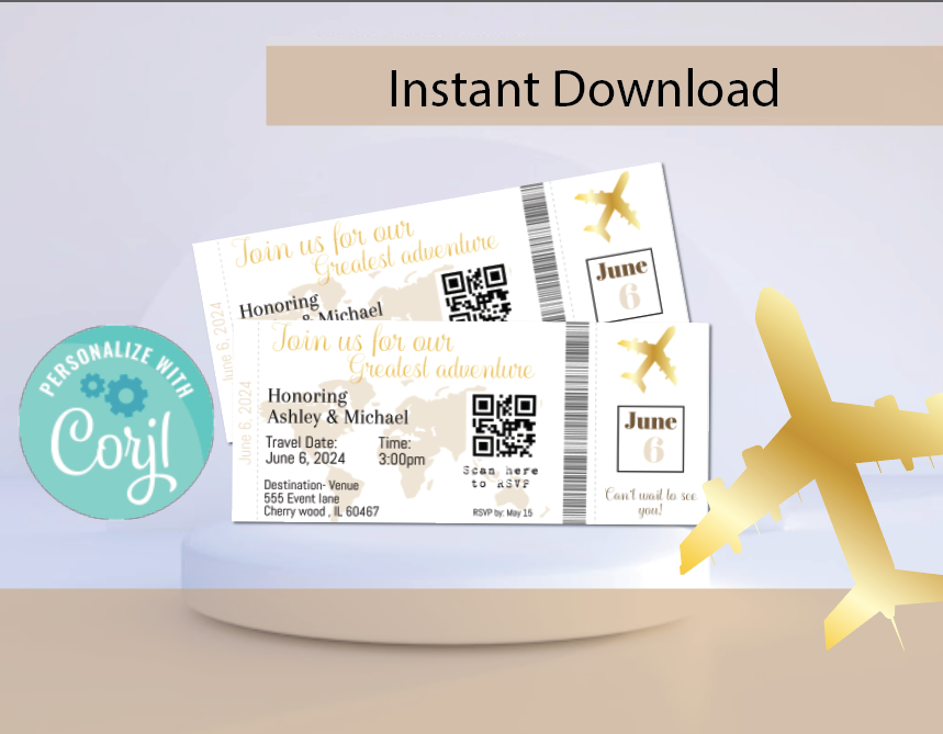 Take Flight Invite Airplane Ticket invitation- INSTANT DOWNLOAD – Inspired By A-One