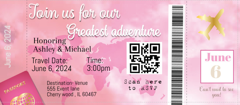 Airplane Ticket invitation-pink- INSTANT DOWNLOAD