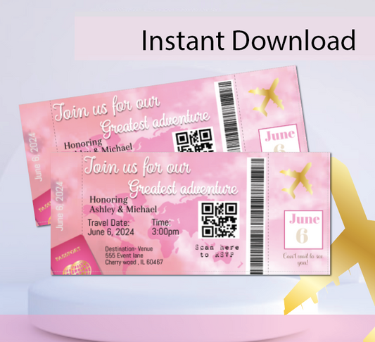 Airplane Ticket invitation-pink- INSTANT DOWNLOAD