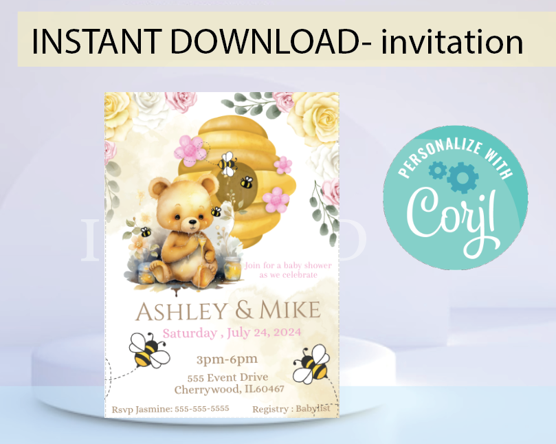 Bee with bear invitation -pink- INSTANT DOWNLOAD