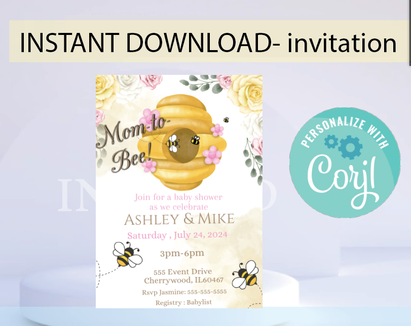 Bee invitation -pink- INSTANT DOWNLOAD