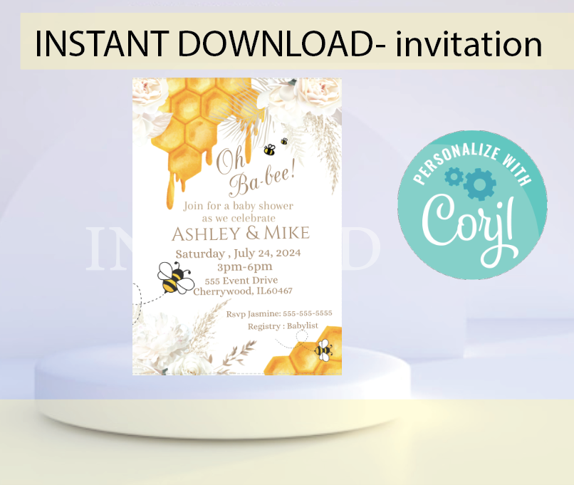 Bee invitation -white- INSTANT DOWNLOAD