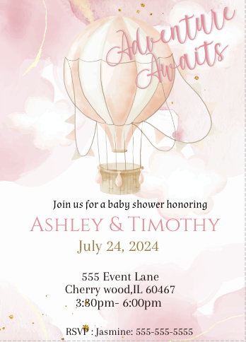 Hot air balloon invitation -pink- INSTANT DOWNLOAD