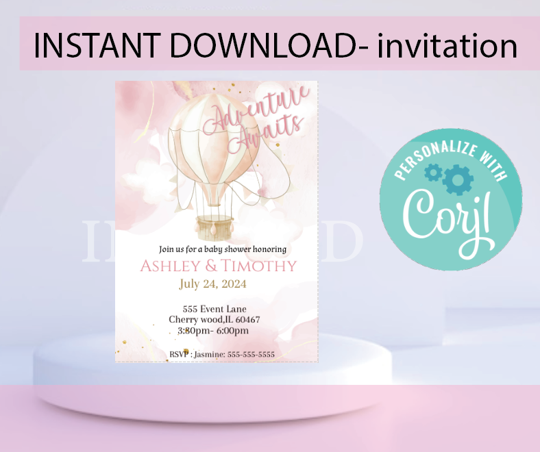 Hot air balloon invitation -pink- INSTANT DOWNLOAD