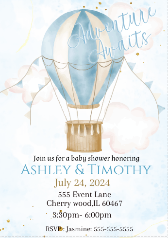 Hot air balloon invitation -blue- INSTANT DOWNLOAD