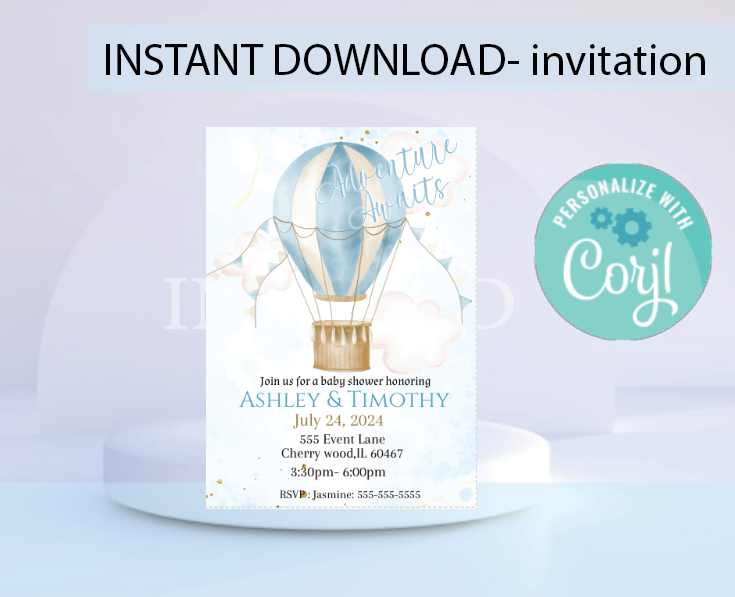 Hot air balloon invitation -blue- INSTANT DOWNLOAD