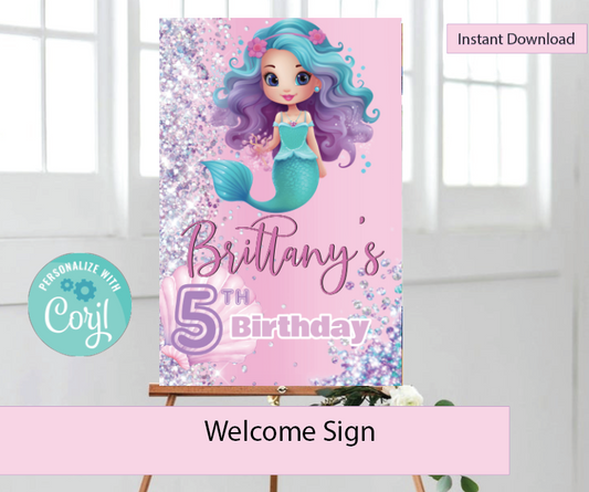 Mermaid-Girl -  welcome sign-white- INSTANT DOWNLOAD