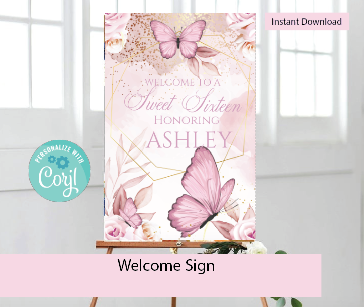 Butterfly - Blush/Rose-  Welcome sign- - INSTANT DOWNLOAD