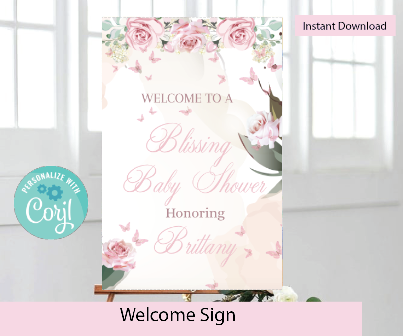 Butterfly - Blissing-  Welcome sign- blush- INSTANT DOWNLOAD