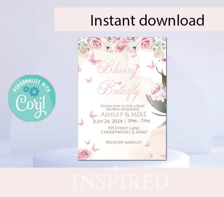 Butterfly Blissing-  Invitation- - INSTANT DOWNLOAD