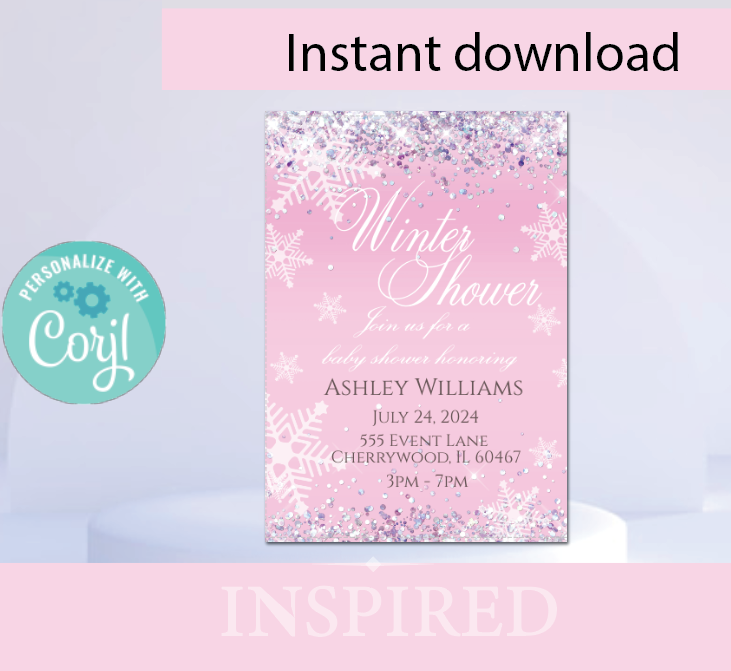 Winter wonderland invitation- Sparkle- Pink- INSTANT DOWNLOAD