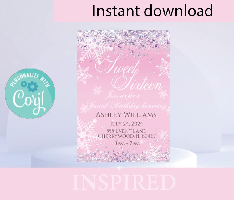 Winter wonderland invitation- Sparkle- Pink- INSTANT DOWNLOAD