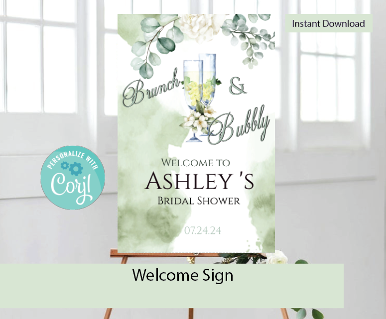 Brunch & Bubbly - Sage-  Welcome sign- INSTANT DOWNLOAD