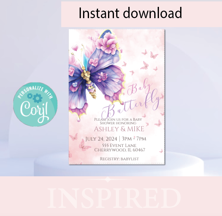 Butterfly- - Colorful-  Invitation- - INSTANT DOWNLOAD