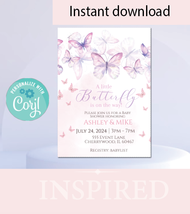 Butterfly- - Purple Fade-  Invitation- - INSTANT DOWNLOAD