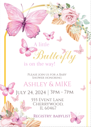 Butterfly- Boho pink-  Invitation- - INSTANT DOWNLOAD