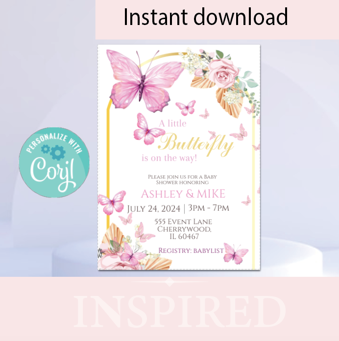 Butterfly- Boho pink-  Invitation- - INSTANT DOWNLOAD