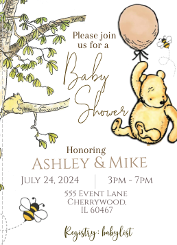 Winnie the Pooh -   Invitation- White - with balloon- - INSTANT DOWNLOAD