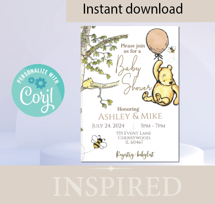 Winnie the Pooh -   Invitation- White - with balloon- - INSTANT DOWNLOAD