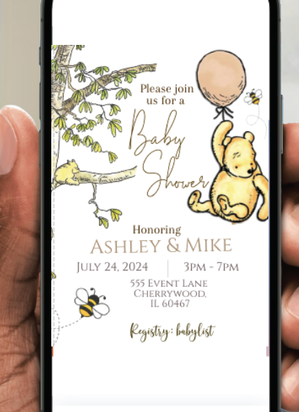 Winnie the Pooh -   Invitation- White - with balloon- - INSTANT DOWNLOAD