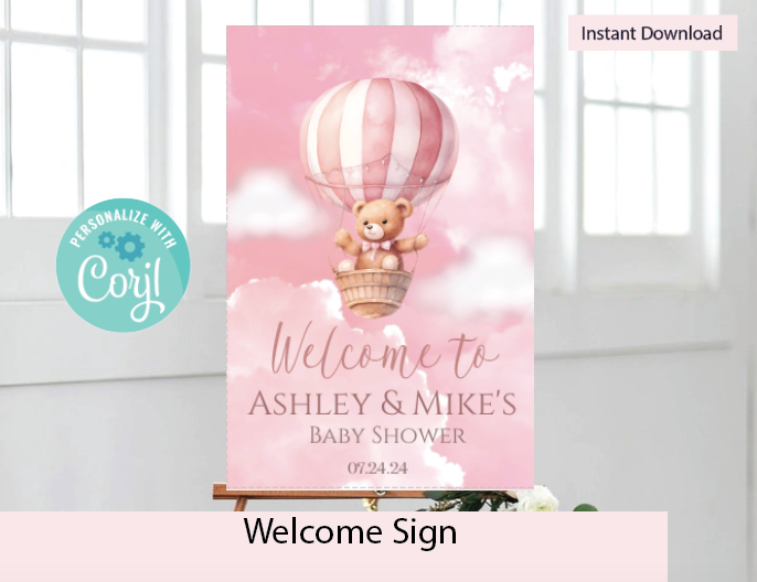 Hot air balloon with bear - Welcome- pink- INSTANT DOWNLOAD