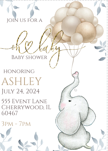 Elephant with balloon - Invitation - white  - INSTANT DOWNLOAD