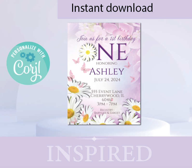 Daisy - Invitation -  Lilac  - INSTANT DOWNLOAD