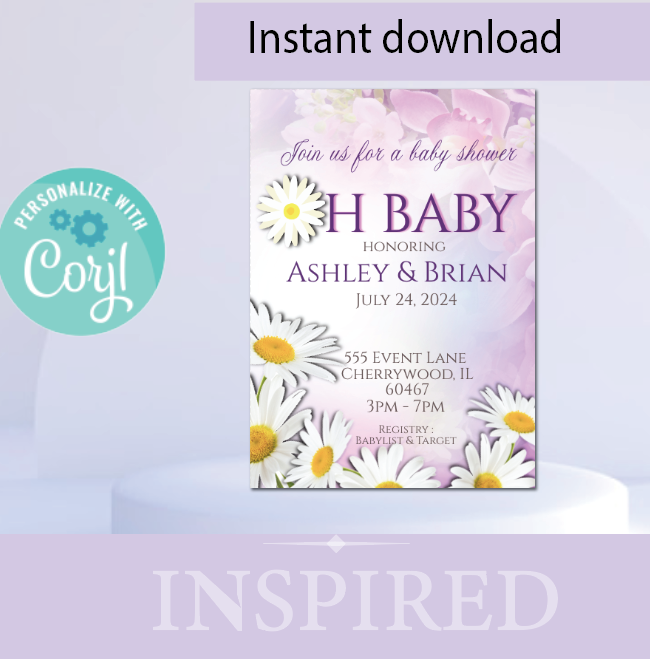 Daisy - Invitation -  Lilac  - INSTANT DOWNLOAD