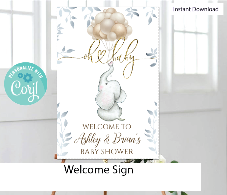 Elephant with balloon - Welcome sign - white  - INSTANT DOWNLOAD