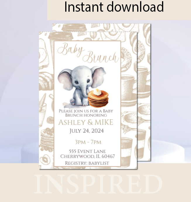 Elephant Baby brunch invitation -nude- INSTANT DOWNLOAD